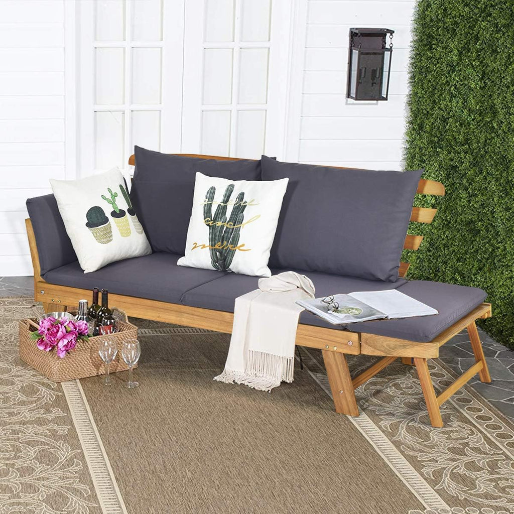GIANTEX Banco de jardín con función de tumbona, sofá de jardín con reposabrazos plegables, banco de balcón con cojines, banco de exterior de madera de acacia, sofá lounge de 3 plazas, sofá cama para balcón, jardín y terraza | Diseño 3 en 1