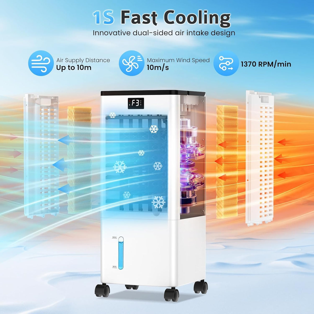 Aire acondicionado portátil sin tubo, enfriador de aire grande 4 en 1, 4 modos y 3 velocidades, climatizador evaporativo de 60 W, temporizador de 1 a 12 horas, con control remoto y 4 ruedas para hogar u oficina
