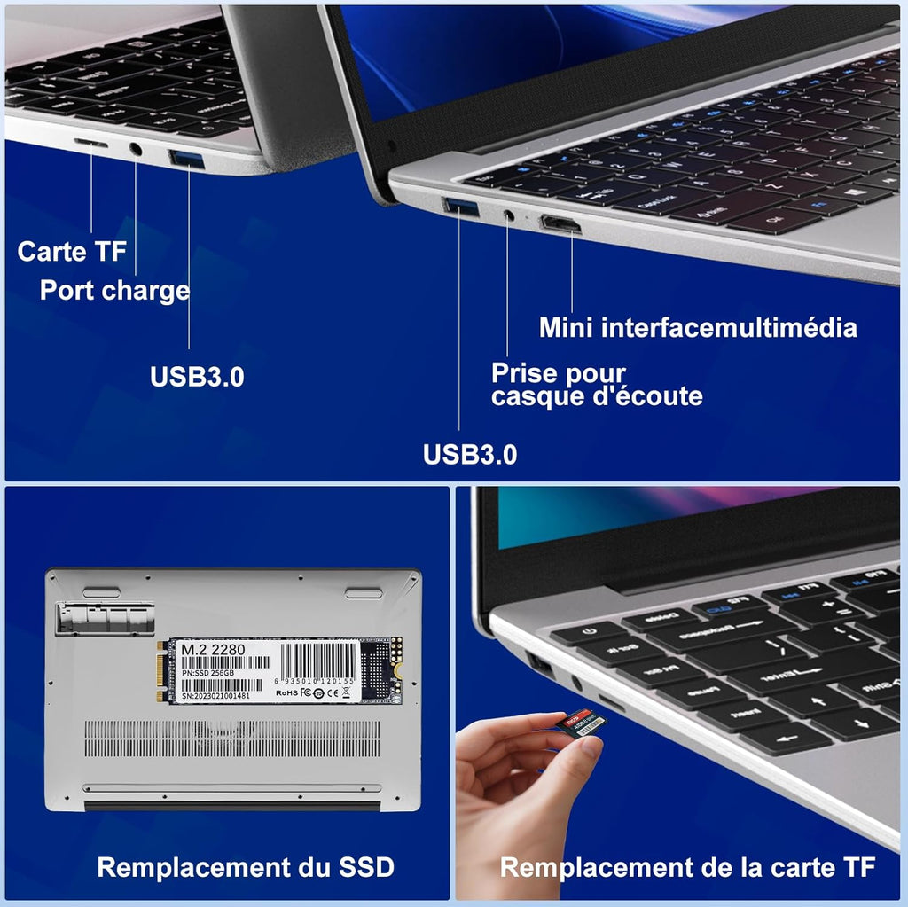 Portátil PC 2025 de 14 pulgadas Win11 Pro Celeron N4020 6 GB RAM+256 GB, soporte para expansión SSD de 1 TB (TF 512 GB), 5000 mAh, Mini HDMI, 1080P, ratón inalámbrico, teclado francés AZERTY de membrana, plateado
