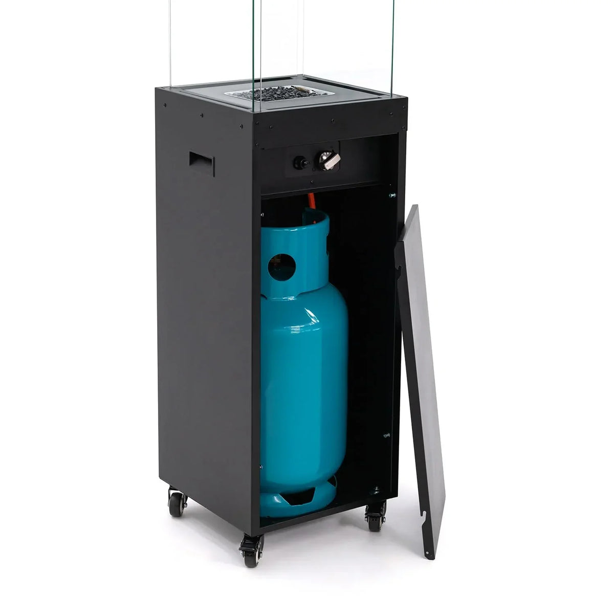 Calefactor de terraza Planika Faro, propano, negro, 8 kW, portátil, de pie, con funda para exteriores, 36x36x150 cm