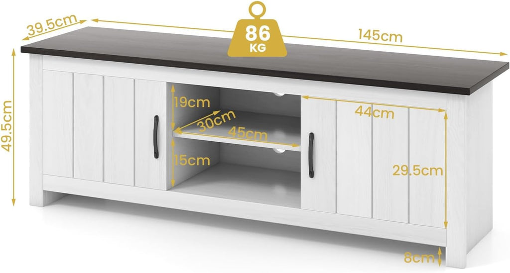 GIANTEX Mueble para TV, soporte de televisión para televisores de hasta 65 pulgadas, mueble bajo de madera con estantes abiertos y 2 puertas, aparador para TV 145 x 40 x 50 cm