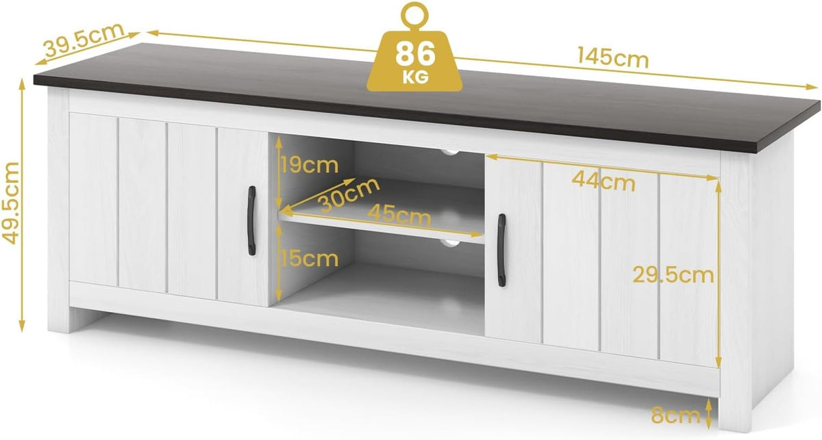 GIANTEX Mueble para TV, soporte de televisión para televisores de hasta 65 pulgadas, mueble bajo de madera con estantes abiertos y 2 puertas, aparador para TV 145 x 40 x 50 cm
