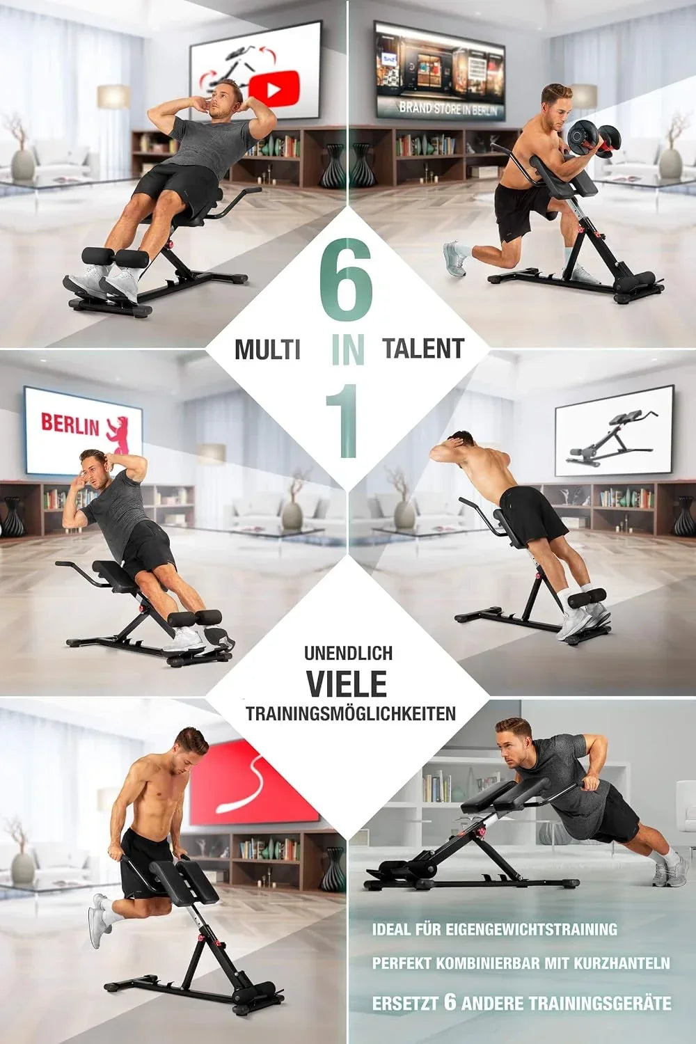 Entrenador de abdomen y espalda BRT150, banco de pesas multifuncional 6 en 1 ajustable para entrenamiento de fuerza en casa, hasta 130 kg