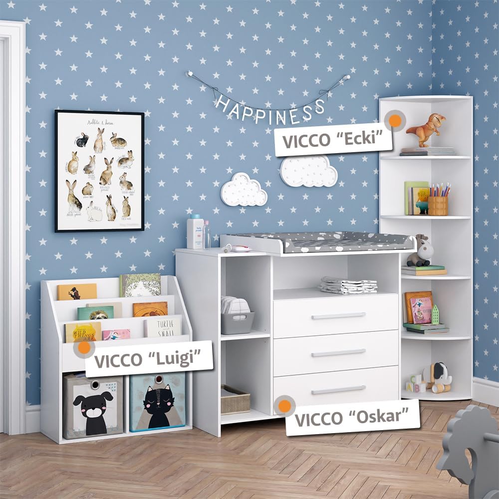 Juego de habitación infantil Vicco Oskar, blanco, 2 piezas, con cambiador y estante para juguetes, convertible en cómoda normal tras retirar el cambiador