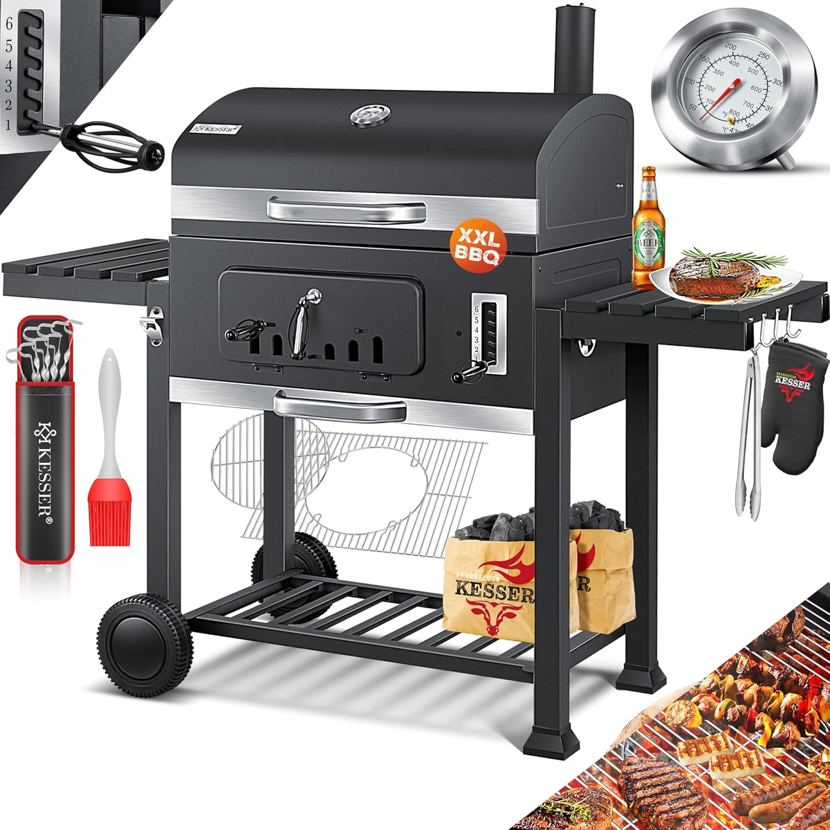 KESSER® Barbacoa Carrito BBQ Smoker XXL Parrilla de carbón con tapa, ruedas, asa de acero inoxidable, rejilla y termómetro, 8 brochetas con estuche y pincel de silicona, parrilla de pie, carrito de carbón