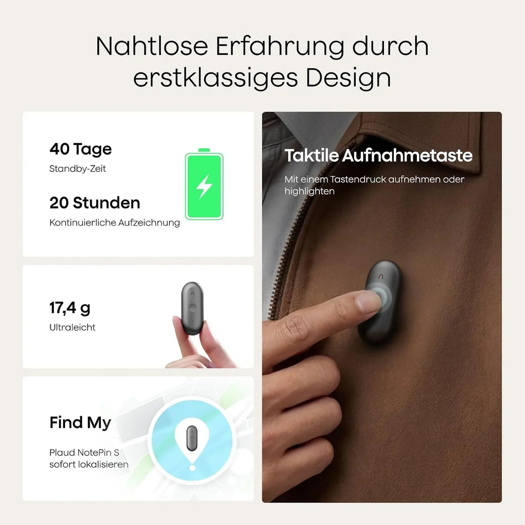 Grabadora de voz con IA NotePin S, grabadora de voz con transcripción y resumen, 64 GB de memoria, dispositivo de grabación con 4 accesorios