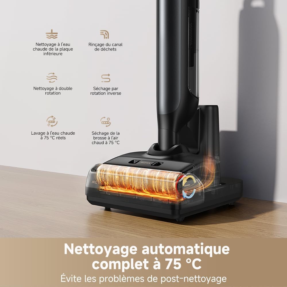 Aspirador en seco y húmedo Mova M10, alcance plano de 180°, flexible y giratorio 90°, peso de 0,9 kg en mano, autolimpieza de cepillo a 75 °C + secado con aire caliente en 5 min, antienredos, succión de 18 kPa