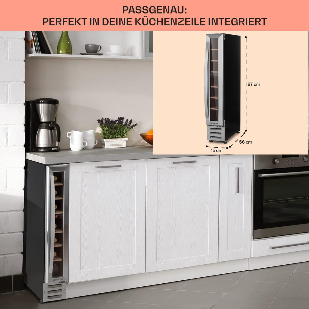 Vinoteca Klarstein, nevera para bebidas de 1 zona, pequeña vinoteca empotrable estrecha, enfriador de vino de 20 l con puerta de cristal, nevera para botellas interior/exterior, frigorífico para vinos 5-22 °C, 7 botellas