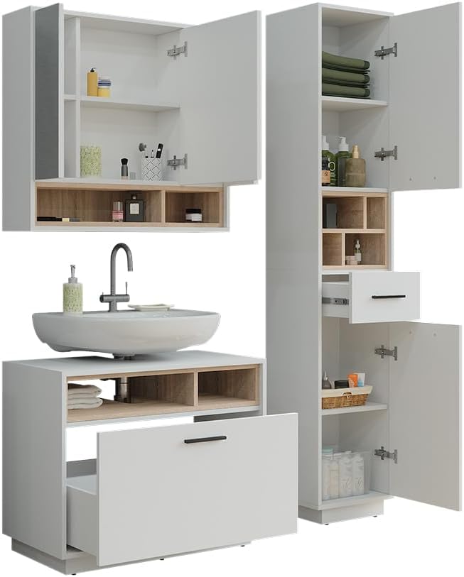 Conjunto de muebles de baño Vicco Beatrice, blanco/sonoma, 80 cm, compuesto por mueble bajo lavabo, armario con espejo y armario columna