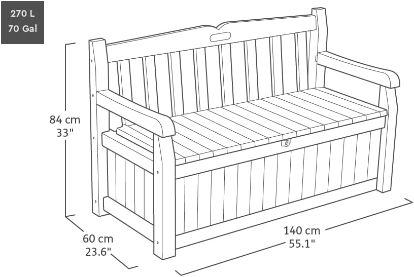 Banco de jardín Keter Eden para balcón y jardín, banco con arcón integrado de 265 l de capacidad, 140x60x84 cm, resistente a la intemperie, de fácil mantenimiento, gris, exterior, efecto madera