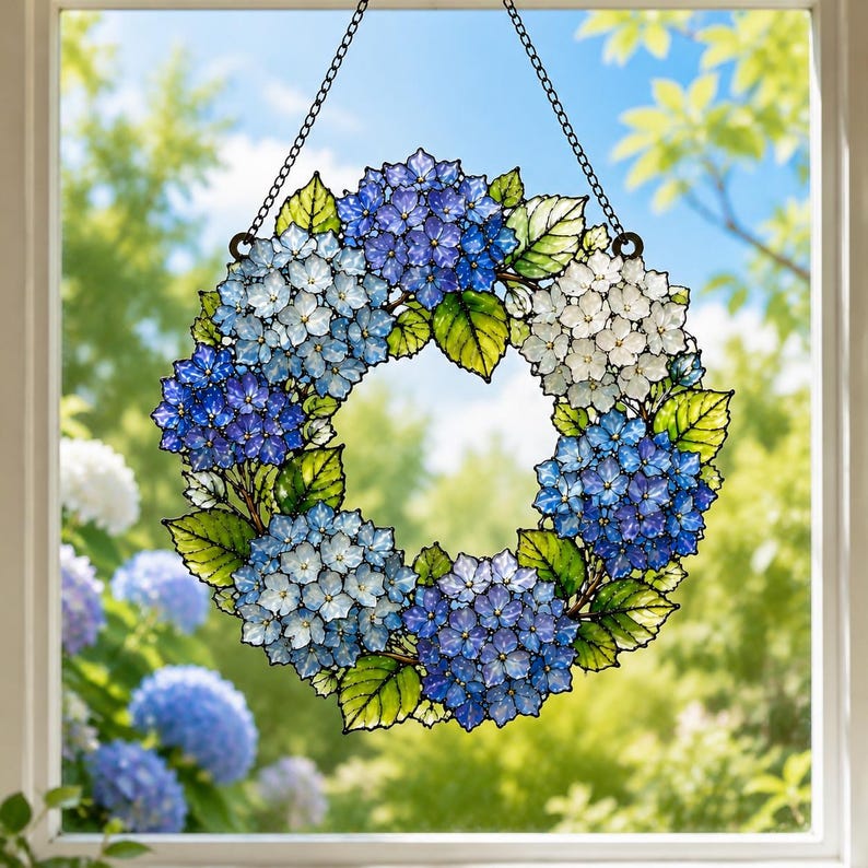 Atrapasol de hortensias, decoración acrílica para ventana con flores de hortensia azules