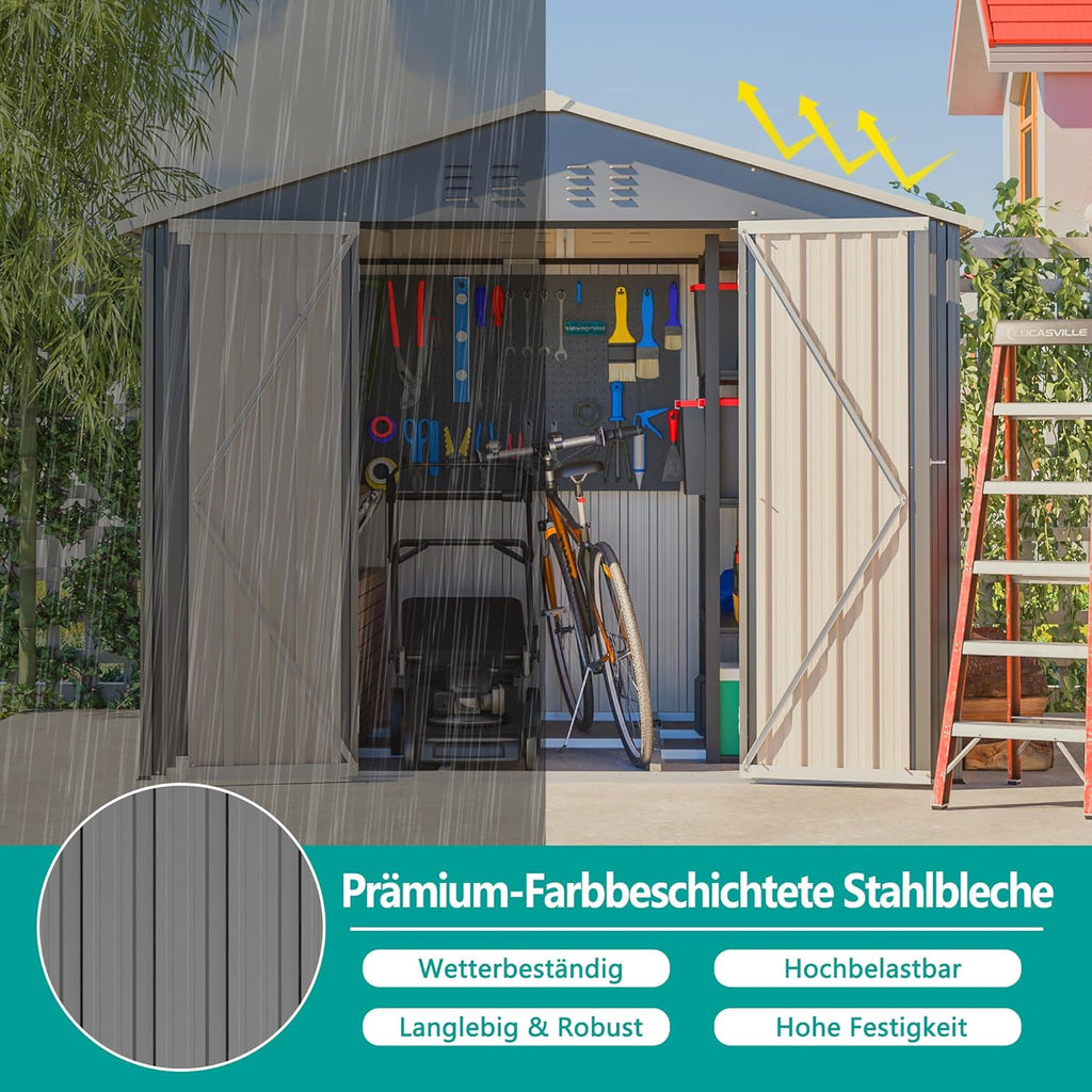 Cobertizo de jardín robusto de metal con techo a dos aguas XXXL (300 x 252 x 191 cm) Almacenamiento seguro para herramientas y equipos de jardinería Gris