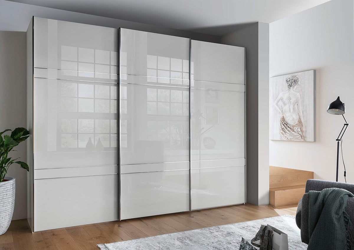 Armario WIEMANN Rialto, armario con puertas correderas, armario de dormitorio, con puertas deslizantes, ancho 300 cm, en blanco, cristal blanco, madera, A/H/P 300x236x67 cm