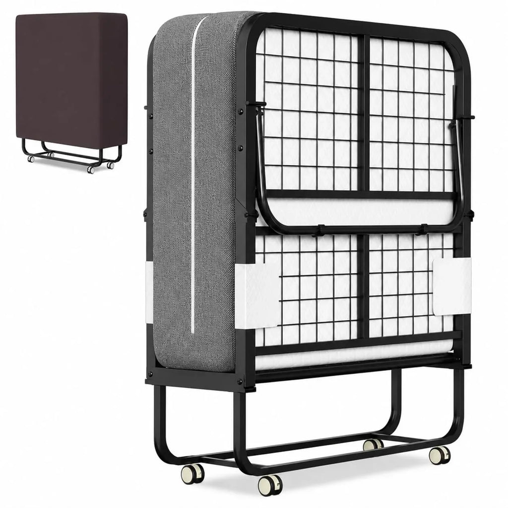 Cama plegable 90 × 200 cm con colchón de 13 cm, hasta 200 kg, marco de metal, ruedas, funda protectora contra el polvo y funda lavable