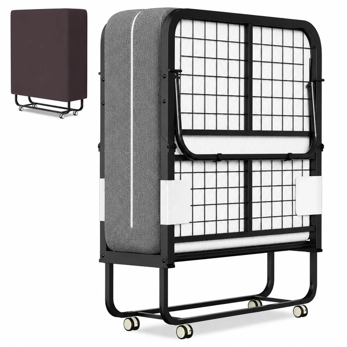 Cama plegable 90 × 200 cm con colchón de 13 cm, hasta 200 kg, marco de metal, ruedas, funda protectora contra el polvo y funda lavable