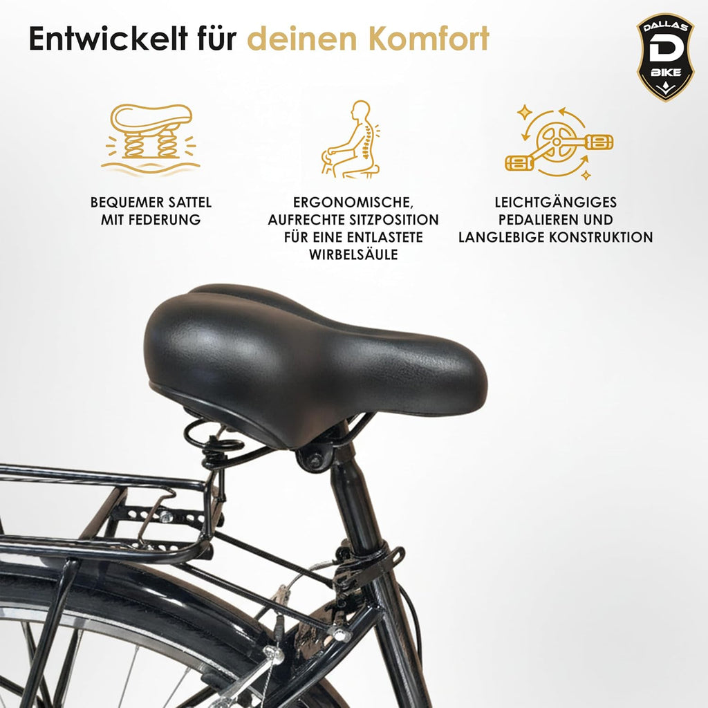Bicicleta de 28 pulgadas - Cómoda bicicleta urbana para hombre y mujer - con cambio Shimano de 7 velocidades - Cuadro bajo confortable para ciudad y desplazamientos - Dallas City - Negro