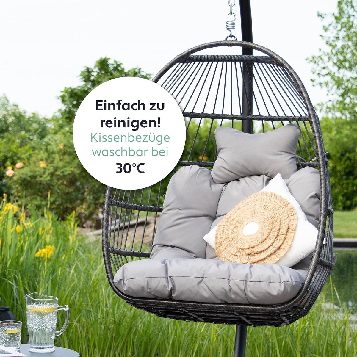Sillón colgante con soporte, cesta tipo huevo, mecedora de ratán, diseño para interior y exterior, capacidad de carga de 150 kg, gris