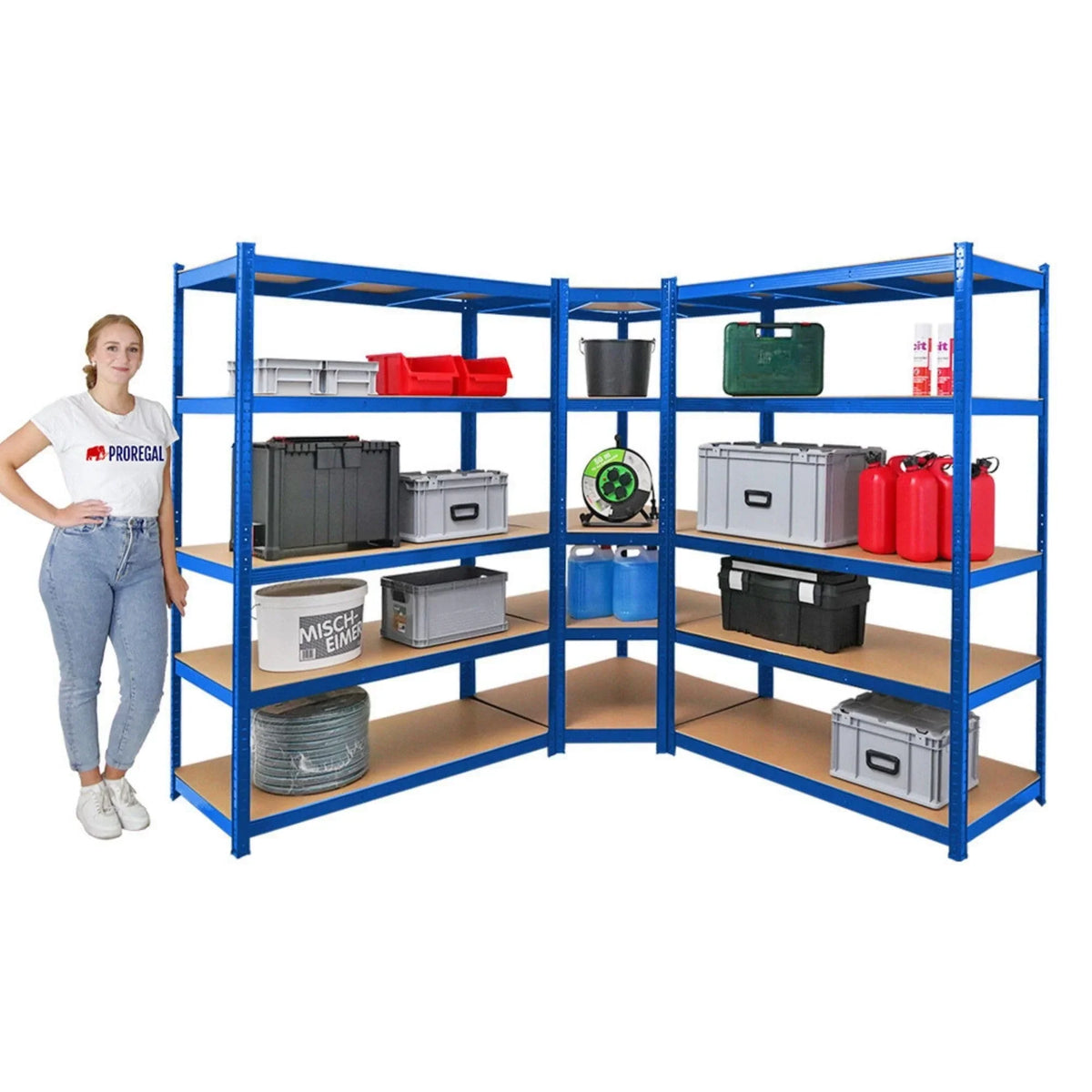 PROREGAL Estantería esquinera Ragnar 1x 180x90x60cm y Taurus 2x 180x120x60cm Azul, carga por balda 175kg, estantería de sótano, estantería de montaje sin tornillos