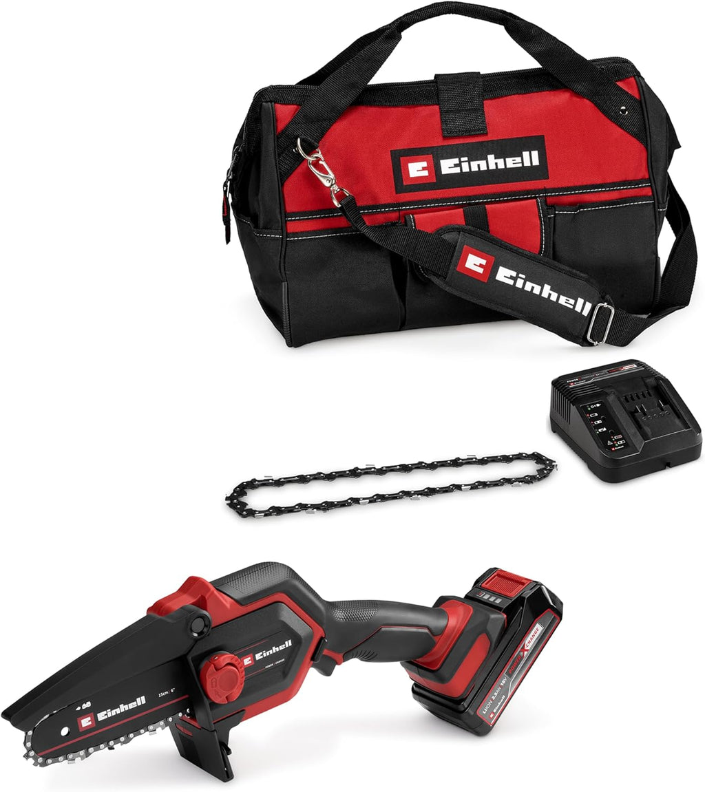 Einhell Sierra de poda a batería GE-PS 18/15 Li Bag Kit Power X-Change (18 V, motor sin escobillas, 12,5 cm de longitud de corte, incl. batería de 2,5 Ah, cargador, cadena de repuesto, bolsa Einhell 45/29)
