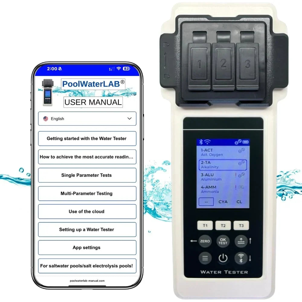 Analizador de agua para piscina 2.0, kit de 27 parámetros, Wi-Fi, Bluetooth, aplicación, medidor para piscina, spa y jacuzzi, incl. maletín y compensador de nivel de agua