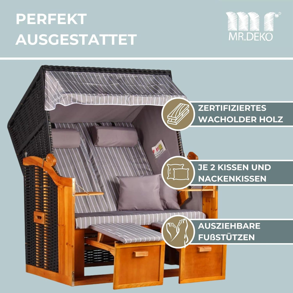 Strandkorb Ostsee Wacholder PE Negro (Diseño Royal Gris) | Strandkorb de 2 plazas resistente a la intemperie | Tumbona completa de madera dura para dos personas | Strandkörbs para balcón | Silla de playa para jardín