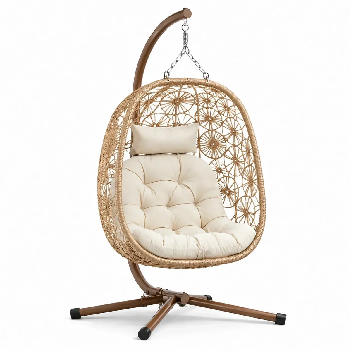 Sillón colgante de ratán con estructura de acero y cojín de poliéster color crema