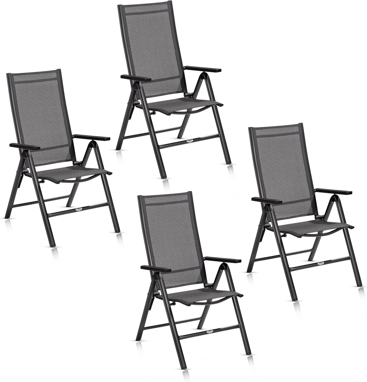 Set de 4 sillas de jardín de respaldo alto KHG, silla plegable de aluminio, respaldo ajustable en 8 posiciones con reposabrazos, gris antracita resistente a la intemperie e inoxidable, soporta 120 kg, silla de balcón, premontada, tejido sintético