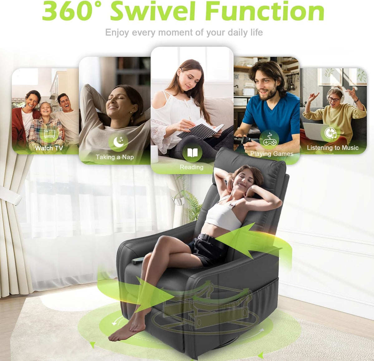 Sillón de masaje con función reclinable, sillón relax con calor y masaje, sillón de TV giratorio 360° para salón, mecedora con reposacabezas acolchado, 2 bolsillos laterales