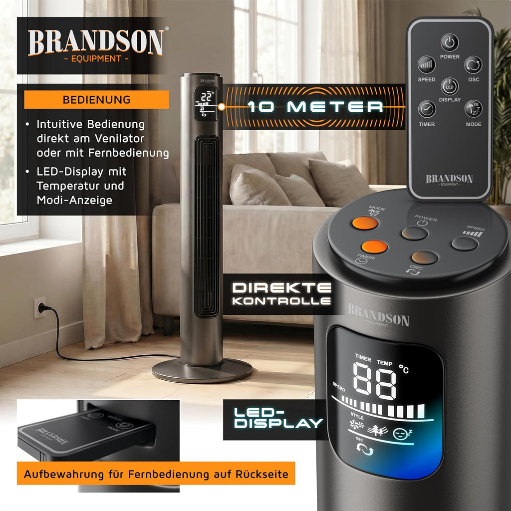 Brandson - Ventilador de torre con mando a distancia - Galardonado 2026 - Oscilación 60° - Ventilador de pie - ventilador portátil - ventilador de columna - 96 cm - Ventilador 3 niveles de velocidad - GS - Grafito