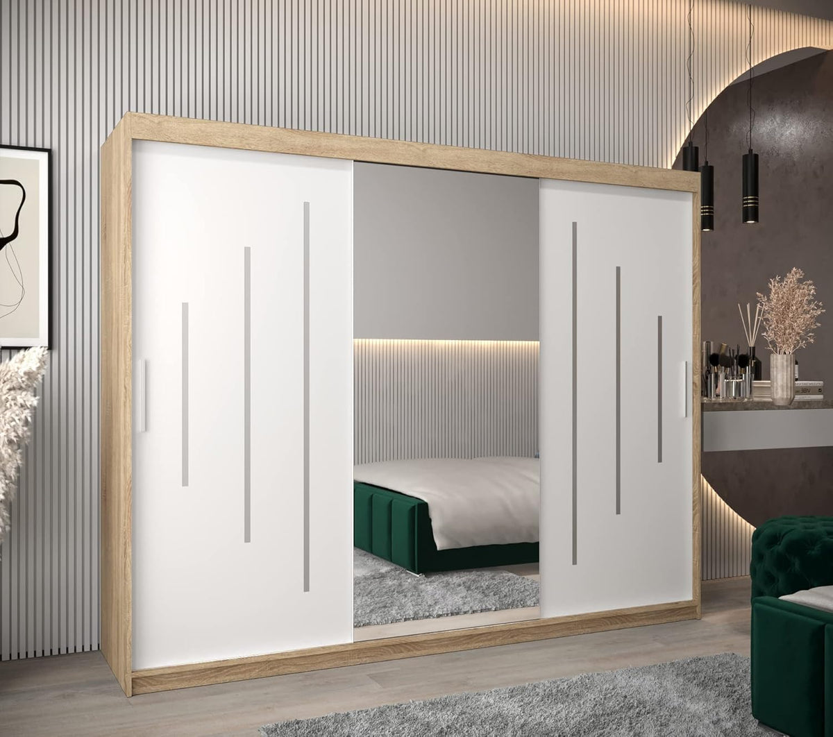 ABIKSMEBLE York 1 250 Armario de 2 puertas correderas para dormitorio - Armario moderno con espejo, barra y estantes - 250x200x62 cm (ancho x alto x fondo) - Sonoma + blanco mate