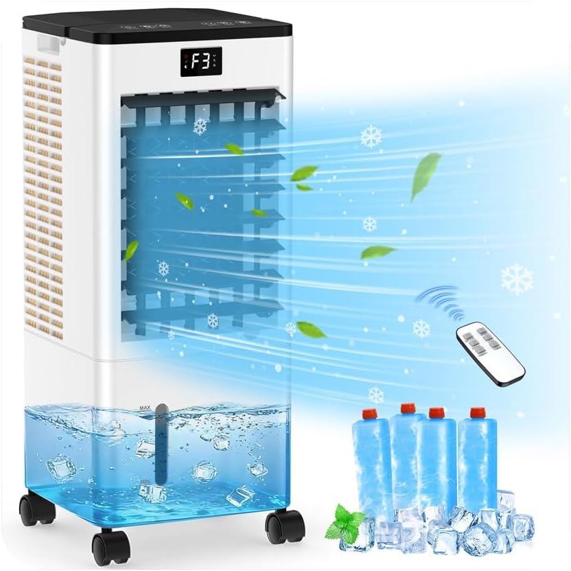 Aire acondicionado portátil sin tubo, enfriador de aire grande 4 en 1, 4 modos y 3 velocidades, climatizador evaporativo de 60 W, temporizador de 1 a 12 horas, con control remoto y 4 ruedas para hogar u oficina