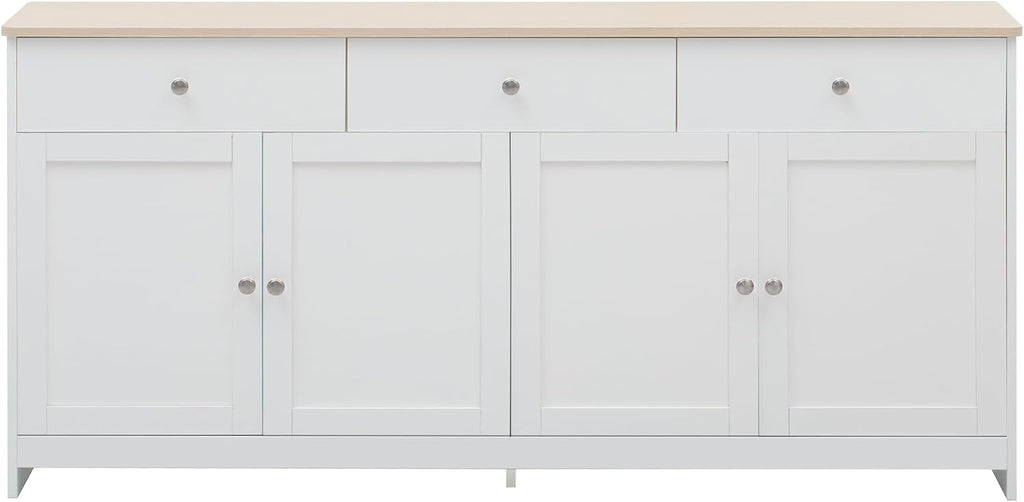 Aparador Ymkua, buffet, cómoda para salón y comedor, armario de almacenamiento con 4 puertas y 3 cajones, mueble de salón moderno, 160x37x75 cm, madera y blanco