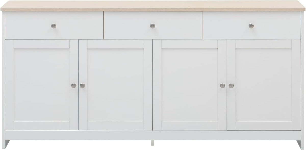 Aparador Ymkua, buffet, cómoda para salón y comedor, armario de almacenamiento con 4 puertas y 3 cajones, mueble de salón moderno, 160x37x75 cm, madera y blanco
