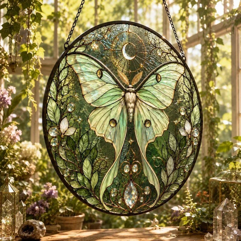 Atrapasueños de cristal para ventana, atrapasueños de mariposa de vidrieras, decoración de pared de flores de cristal verde, 6-11,8 pulgadas