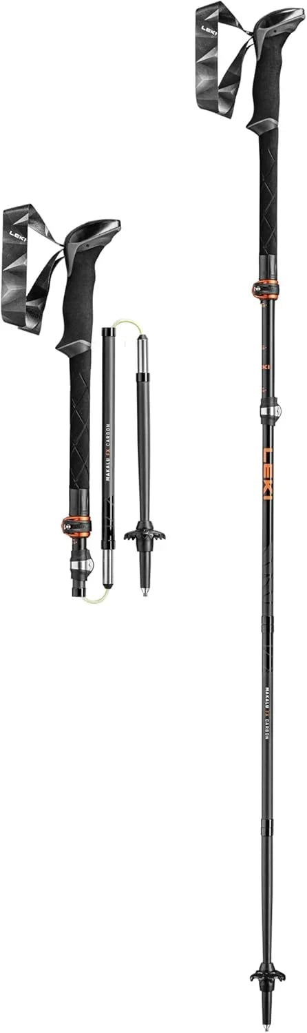 Bastones de trekking Makalu FX Carbon plegables ajustables de 4 piezas con cierre de pinza, eje de fibra de carbono, longitud hasta 130 cm