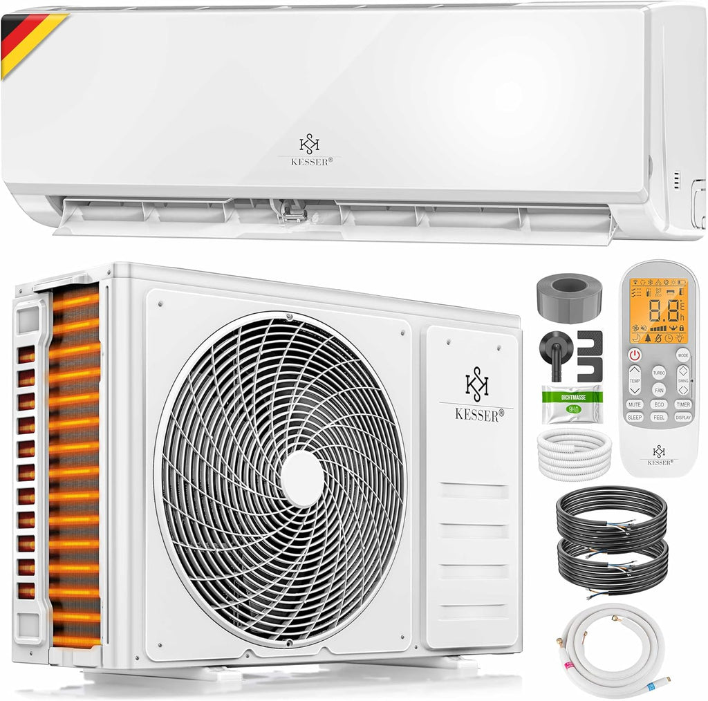 KESSER® Set de aire acondicionado Split - con función WiFi/App - Refrigeración A++/ Calefacción A+ - 9000 BTU/h (2600 vatios) Refrigerante R32 - Mando a distancia, función de temporizador - Incluye material de montaje completo