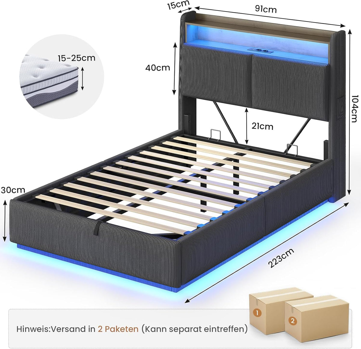 AOGLLATI Cama 90x200 con almacenamiento hidráulico, cama juvenil 90x200 con iluminación LED y estación de carga, cama tapizada individual, cama infantil con cabecero con almacenamiento, sin colchón (gris oscuro, 90x200 cm)
