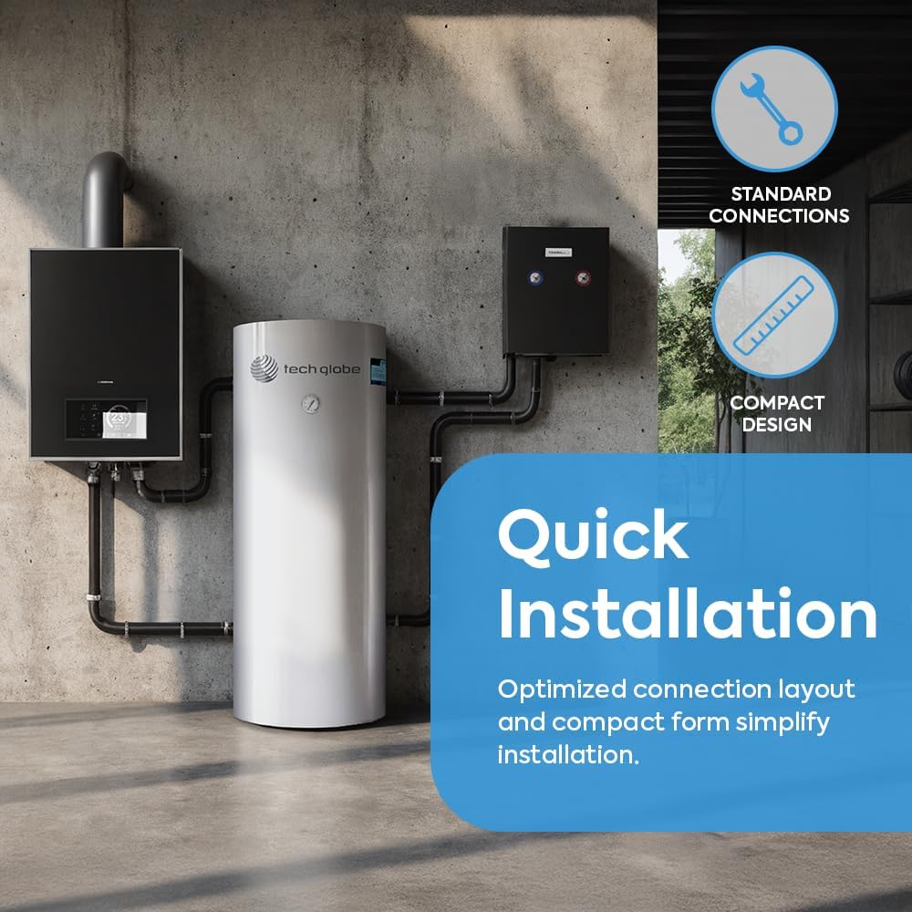 TECHGLOBE - Acumulador de agua sanitaria con 2 intercambiadores de calor (1,8 + 3,1 m²) - Fabricado completamente en acero inoxidable - Acumulador de agua caliente eficiente energéticamente - con aislamiento de 50 mm (300 L)