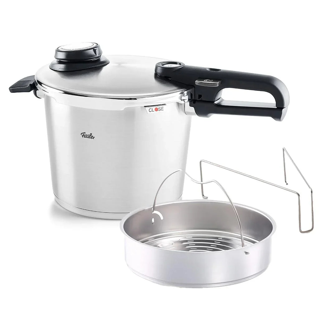 Olla a presión Fissler Vitavit Premium 6L 22cm de acero inoxidable, 4 niveles de cocción, incluye cestillo, fabricada en Alemania, apta para inducción
