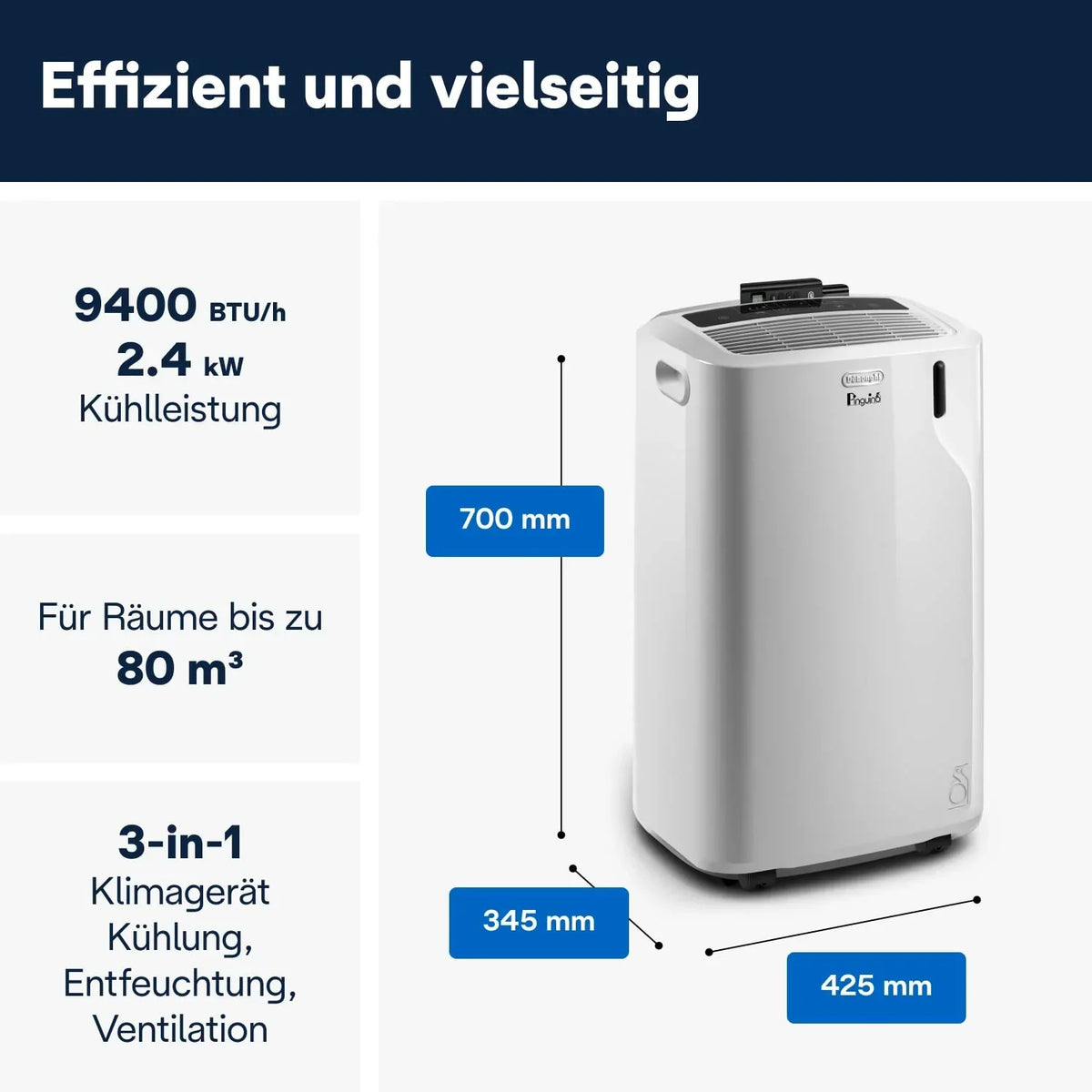 Acondicionador de aire portátil 3 en 1 De'Longhi Pinguino para hasta 27 m², 9400 BTU, silencioso, mando a distancia, 24 h, clase energética A, PACEM82