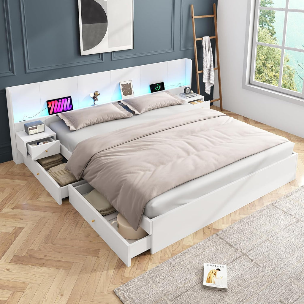 Cama de matrimonio 180x200 con espacio de almacenamiento, 2 cajones, cabecero LED extra ancho con 2 mesitas de noche y puerto USB, cama de madera con almacenaje, estructura de cama con somier, cama juvenil, sin colchón, blanco