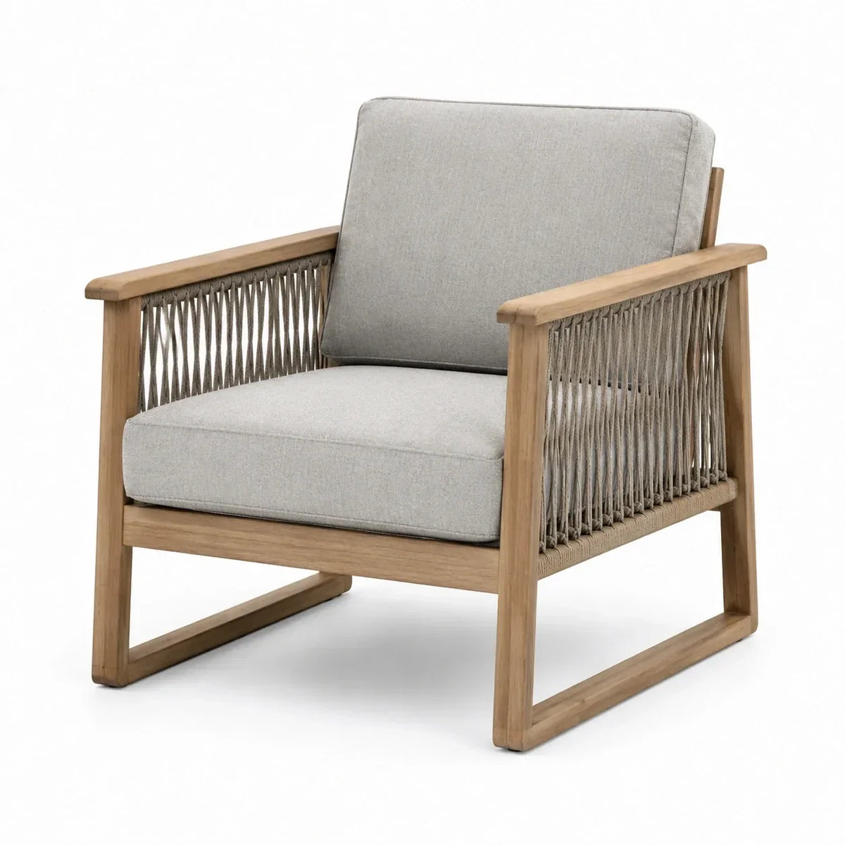 Sillón de exterior de madera de acacia con tejido de cuerda de polipropileno y cojín de poliéster