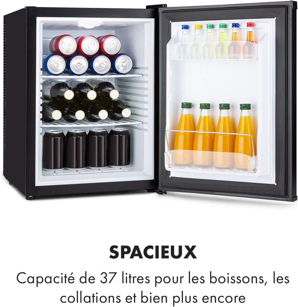 KLARSTEIN Happy Hour Mini nevera silenciosa para habitación/cosméticos, ultracompacta, minibar, refrigerador para alimentos, bebidas, estantes ajustables, mini nevera para camping, coche, 5-15°C, 40L