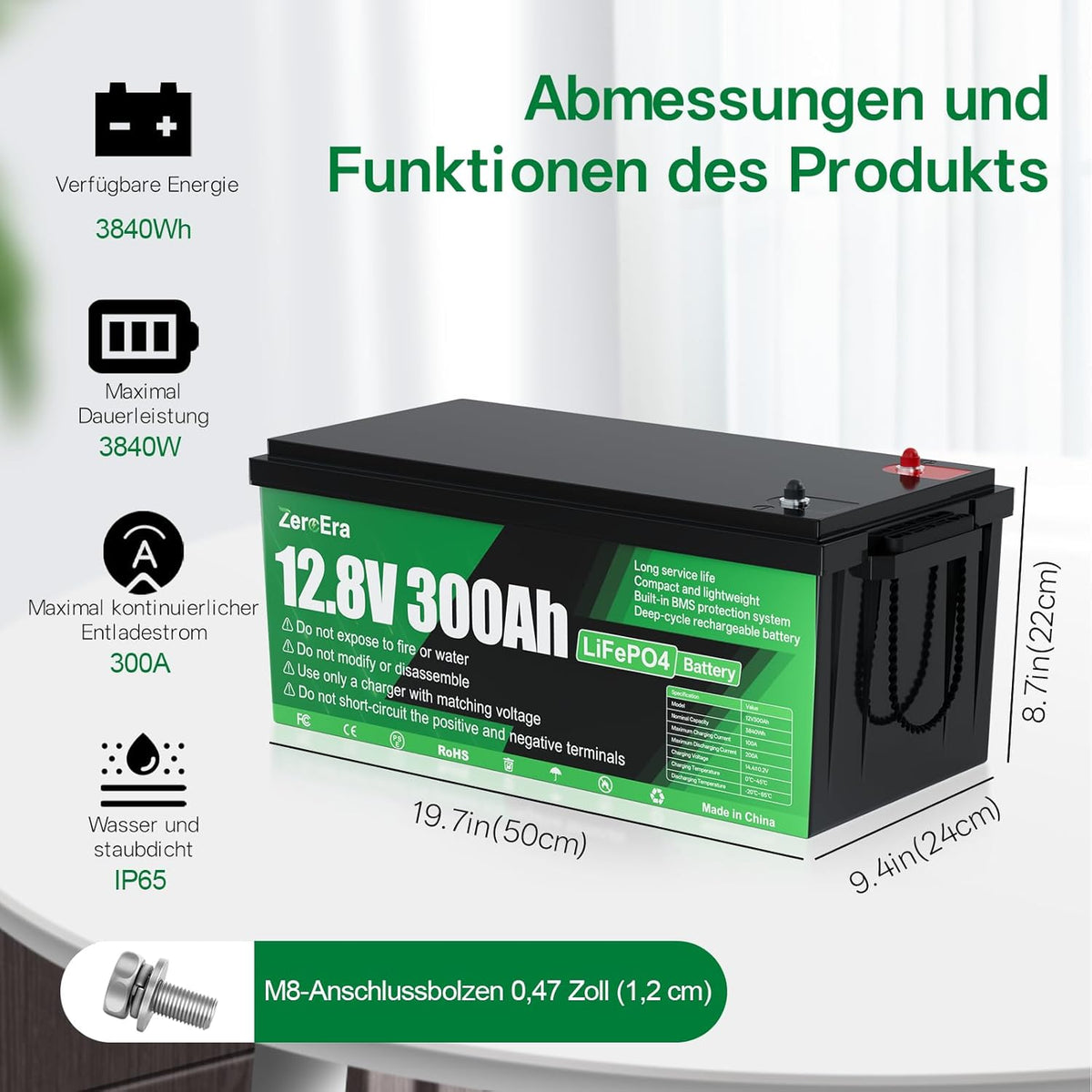 Batería LiFePO4 de 12V 300Ah, batería de litio de 3840Wh con protección de temperatura BMS de 200A, más de 15000 ciclos de carga, compatible con conexión en serie/paralelo para almacenamiento doméstico y autocaravanas.