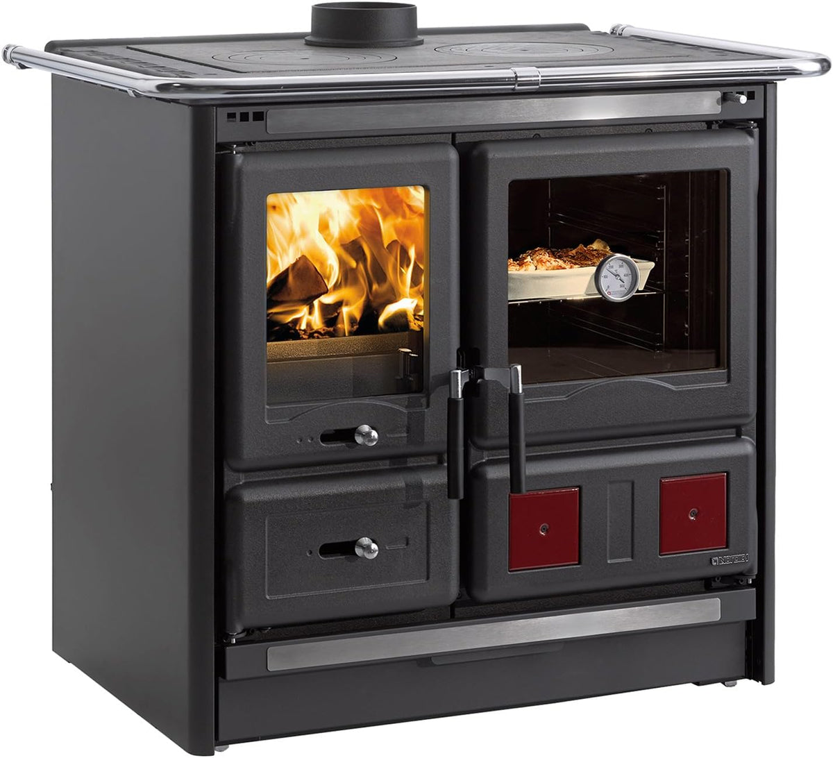 Cocina de leña La Nordica Rosa L 16, acero antracita negro, 9,5 kW, horno con ventana de visualización, placa de cocción de hierro fundido