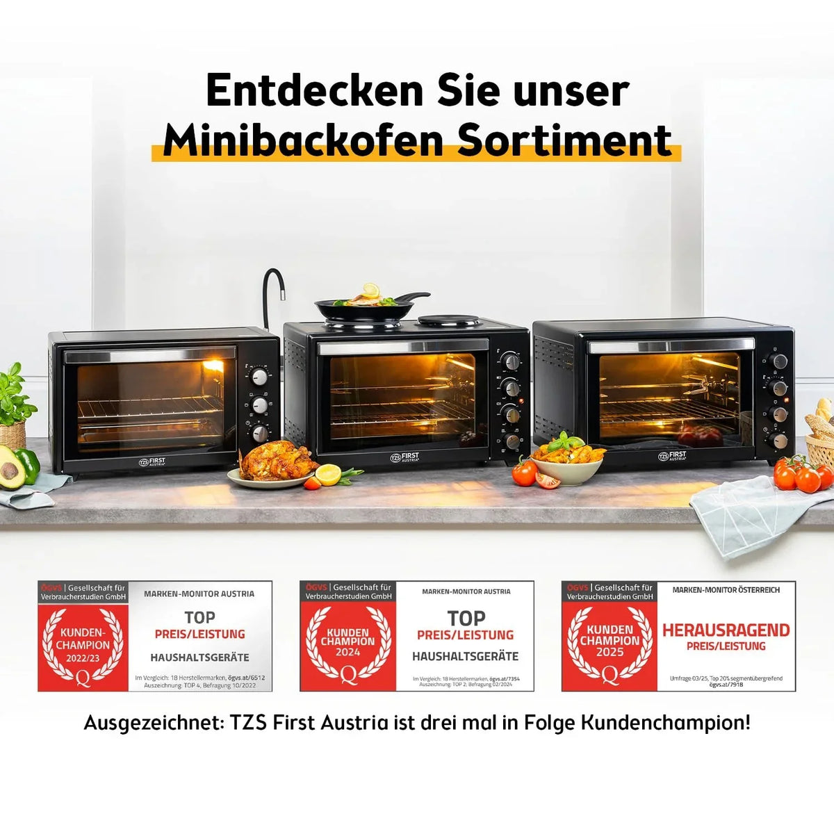 Minihorno TZS First Austria 60 L 2000 W, horno para pizza, 230 °C, 6 modos, temporizador de 60 min, 4 alturas de inserción, bandeja de horno, rejilla, asador giratorio, A++
