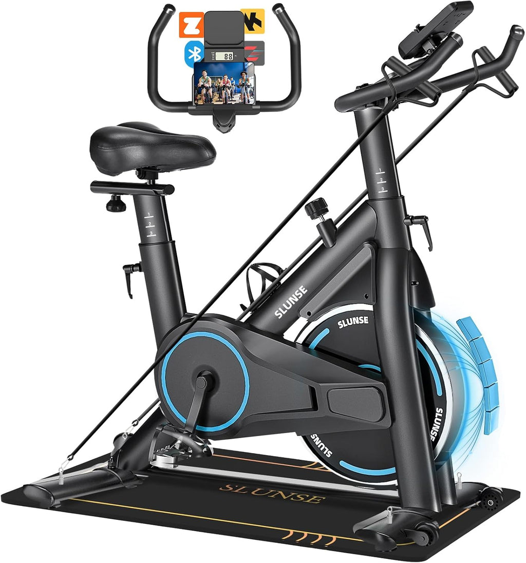 Bicicleta estática, bicicleta estática conectada a aplicaciones SLUNSE con pantalla, bicicleta estática para el hogar con resistencia magnética ajustable, asiento acolchado y ajuste de altura, capacidad de carga de 180 kg