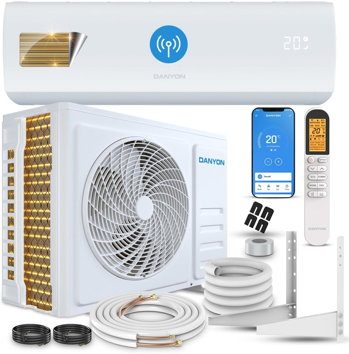 Aire acondicionado Danyon Split - 12000 BTU - 3,4 kW, autolimpieza, silencioso, hogar inteligente, aire acondicionado inverter con función de calefacción, unidad split precargada con refrigerante R32, temporizador, hasta 59 m², kit completo de 5 m