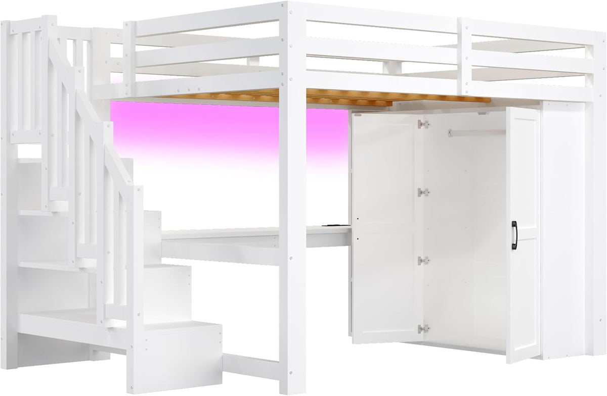 Cama alta de 140x200 con escritorio y estantería, armario, escalera con almacenaje, USB y luces LED, blanco