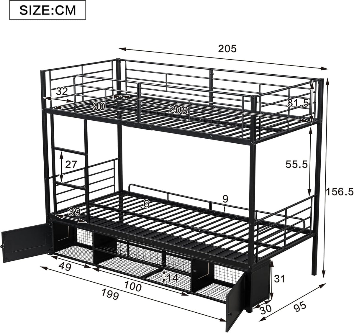 Litera cama infantil 90x200 cm, estructura de cama de metal con zapatero abierto y 2 armarios de almacenamiento con puertas, litera cama alta cama de hierro para niños, adolescentes y adultos, negro